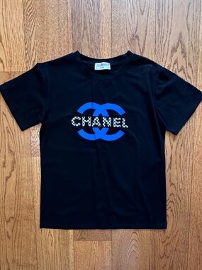 CHANEL Black T-Shirt with Blue Double C Logo